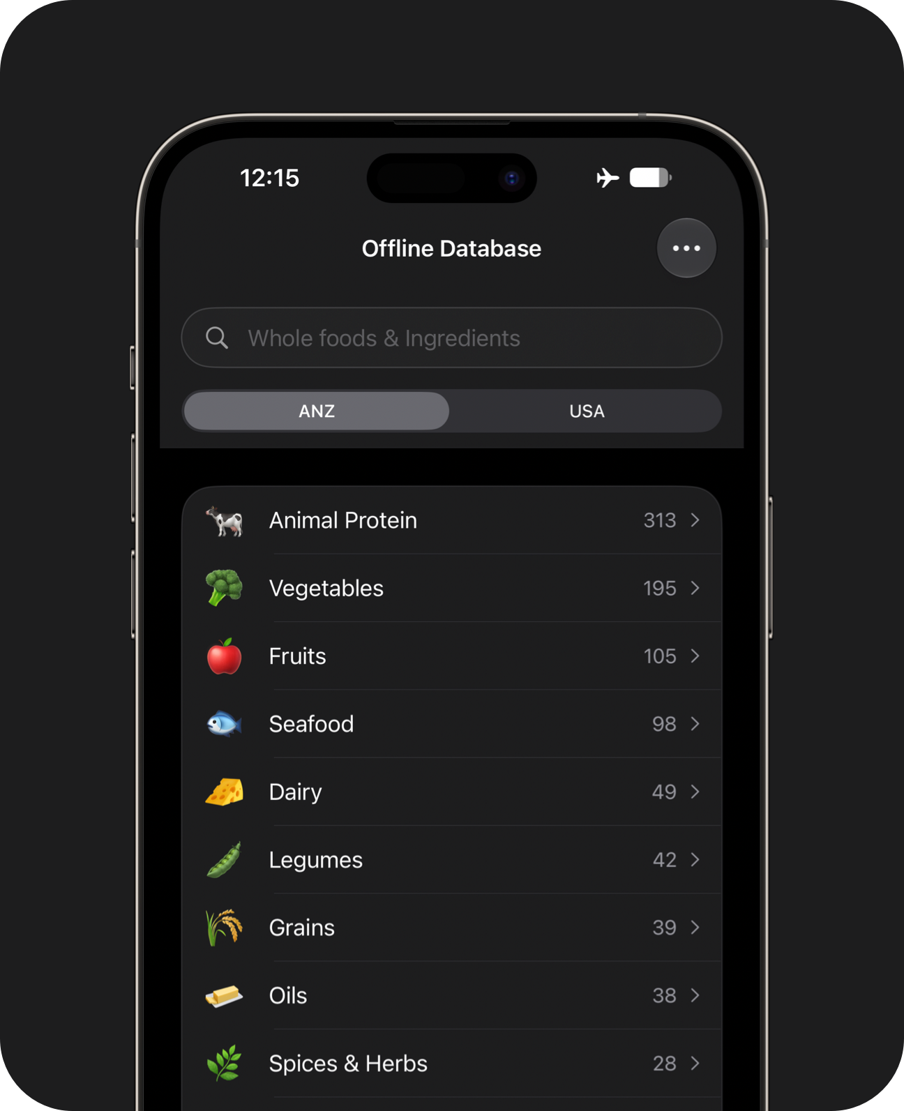 Close-up of an iPhone showing the database category browser