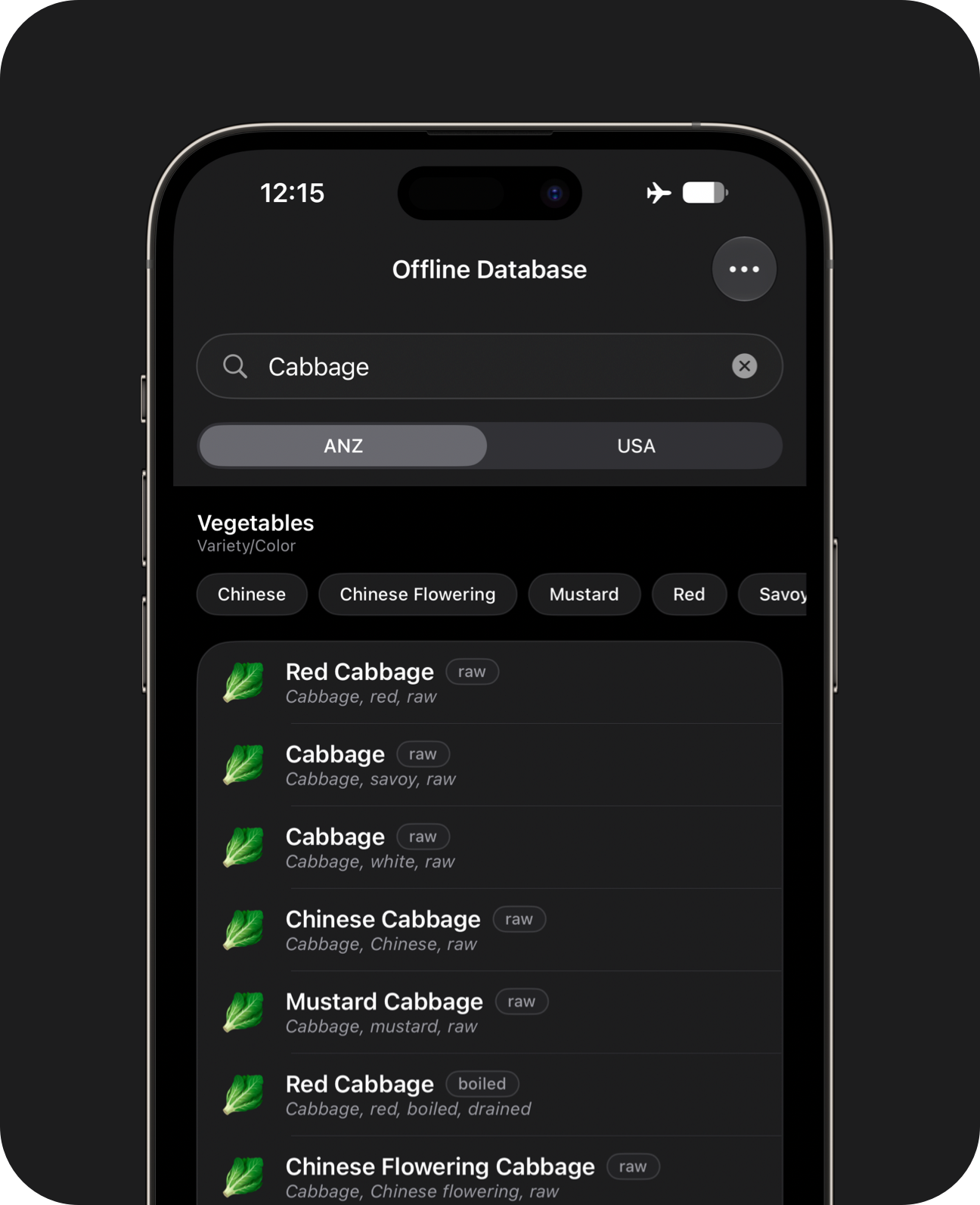 Close-up of an iPhone showing search filters applied to the ingredient database