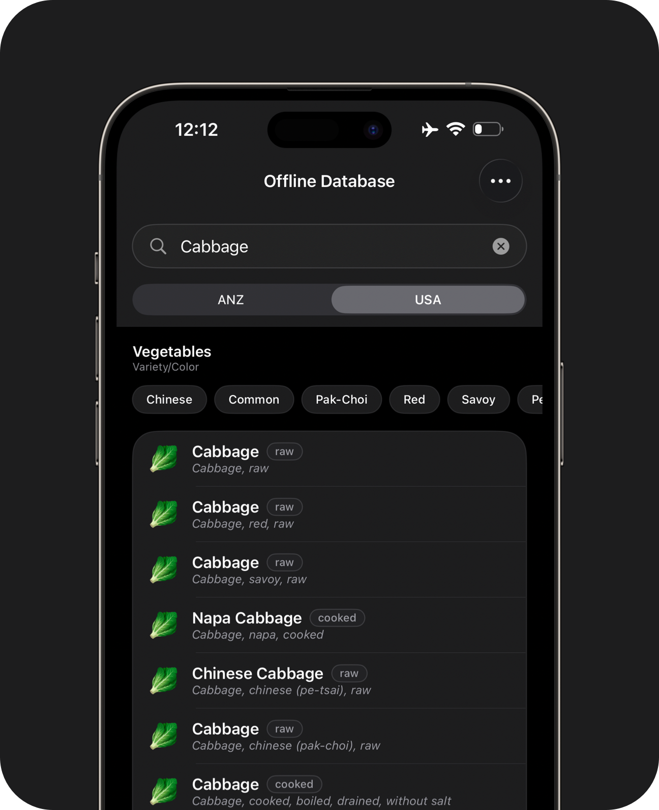Close-up of an iPhone showing search filters applied to the ingredient database