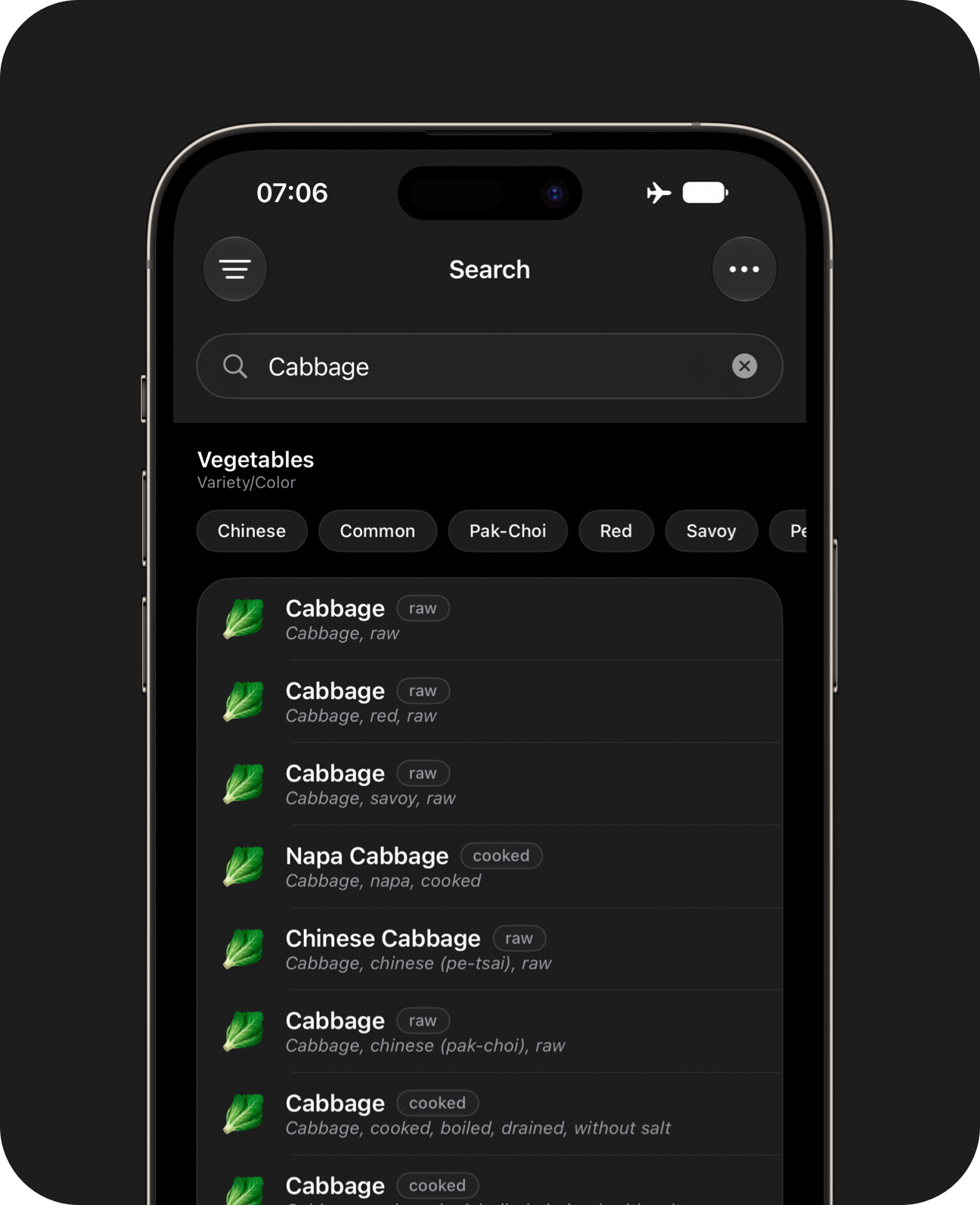An iPhone showing search filters applied to the ingredient database