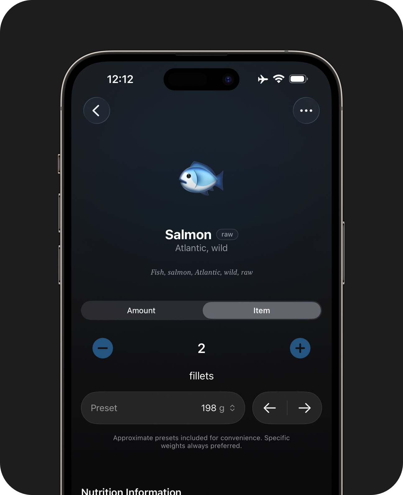 Close-up of an iPhone showing approximate weight presets for a food item