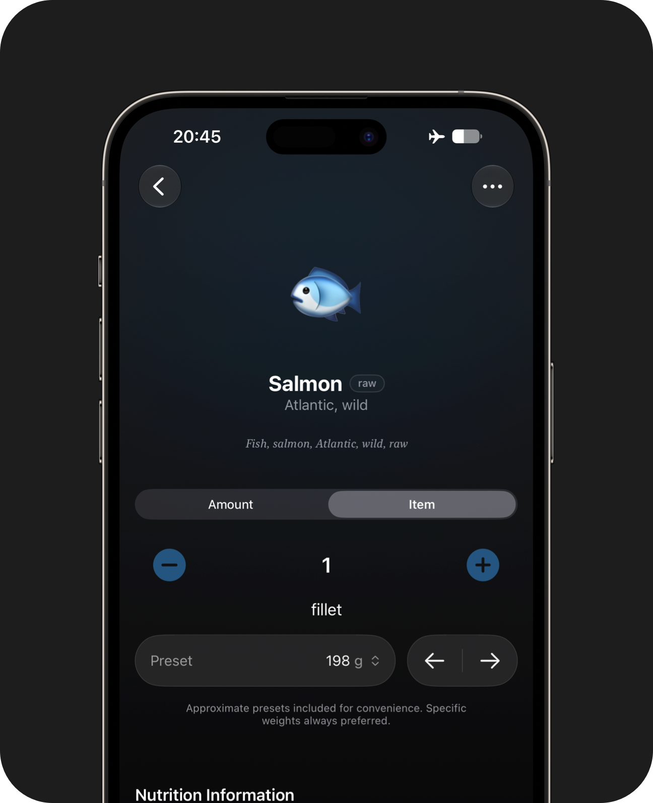 An iPhone showing approximate weight presets for a food item