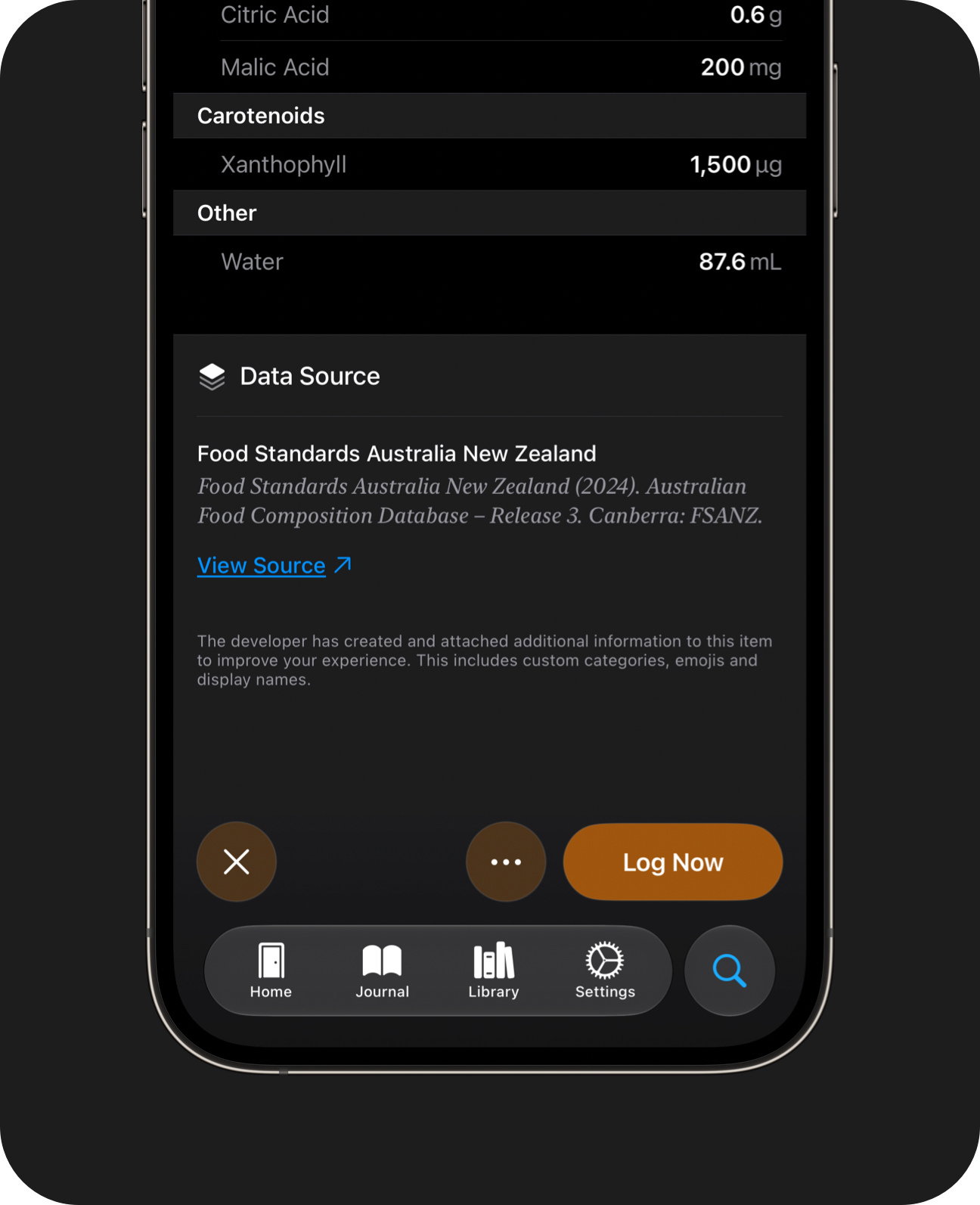 Close-up of an iPhone showing a food item's source dataset and a link to the original government database entry