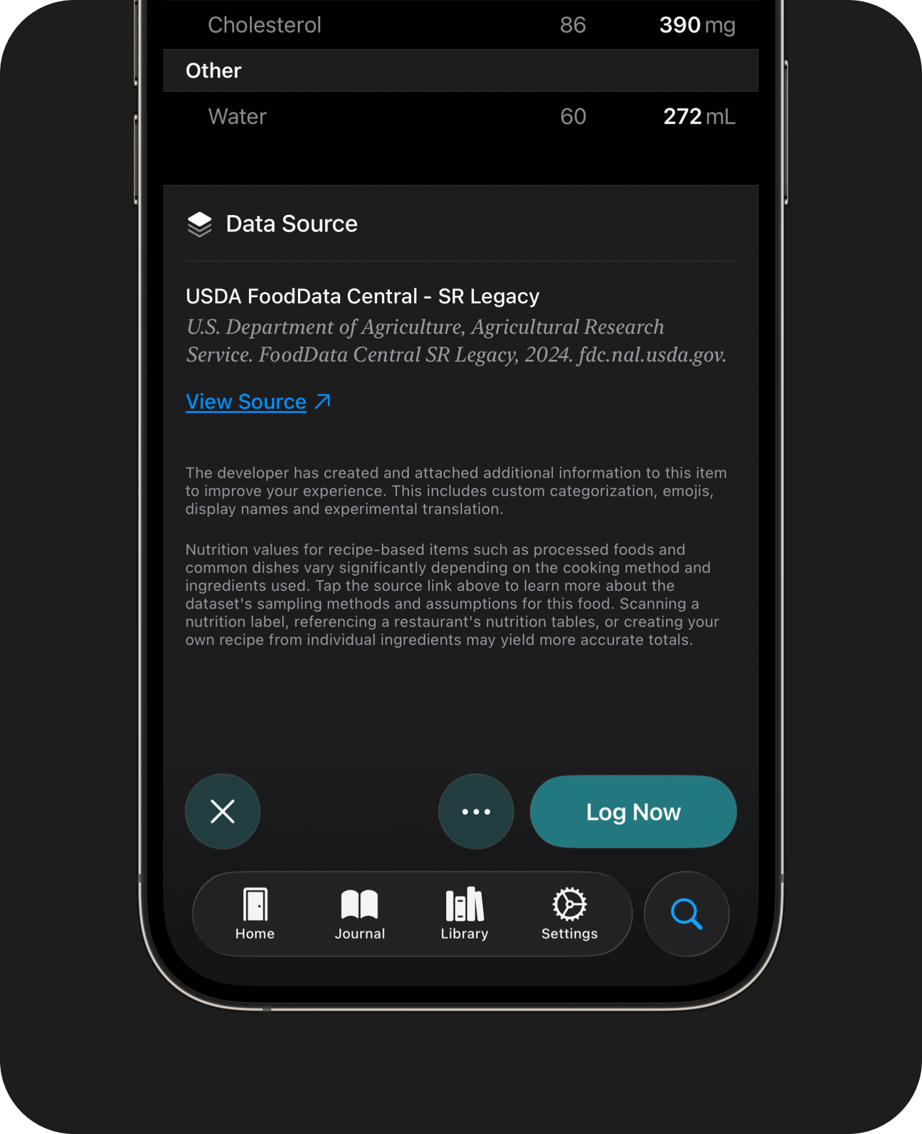 Close-up of an iPhone showing a food item's source dataset and a link to the original database entry