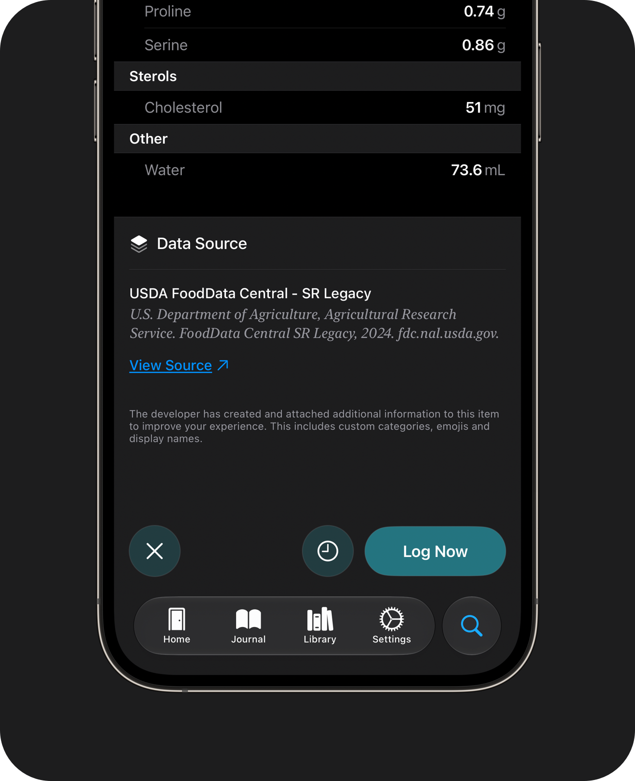 An iPhone showing a food item's source dataset and a link to the original database entry