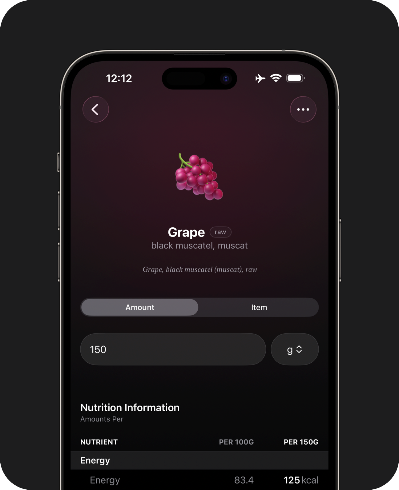 Close-up of an iPhone showing direct gram weight entry for a database ingredient