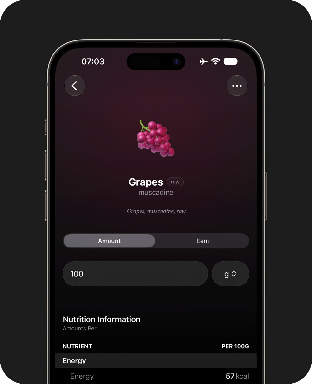 An iPhone showing direct gram weight entry for a database ingredient