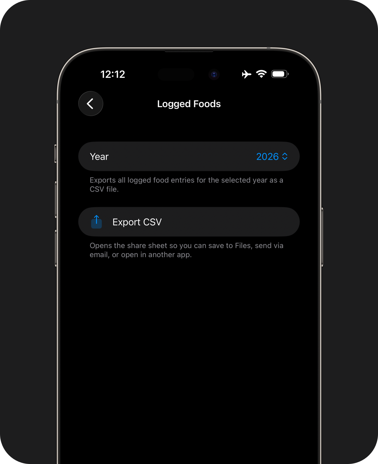 An iPhone showing the CSV export page for logged foods.