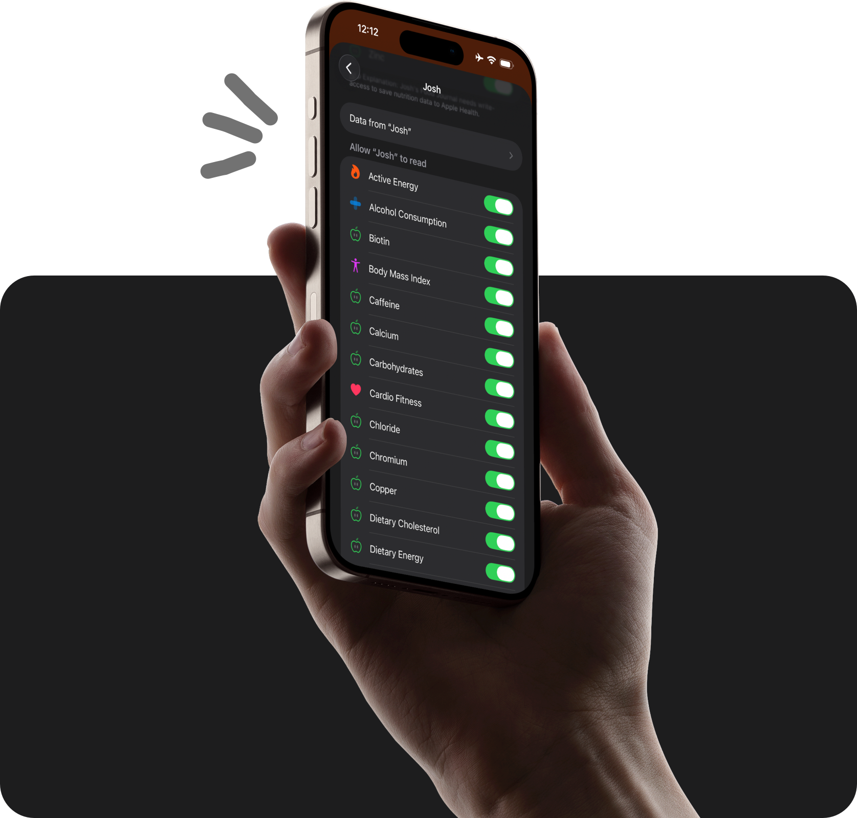 A hand holding an iPhone displaying the Apple Health section for this app, where all read and write permissions are set to active
