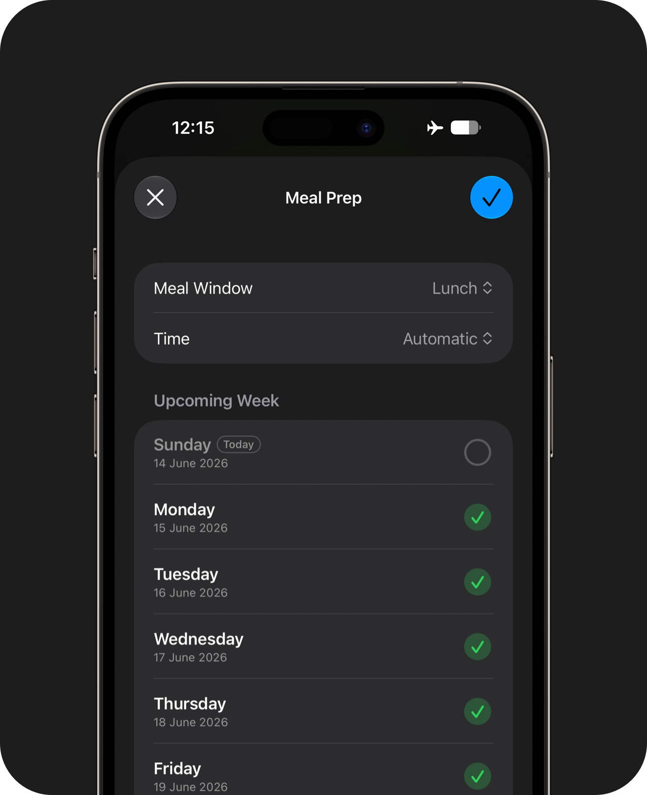 A hand holding an iPhone displaying meal selection sheet spanning multiple days
