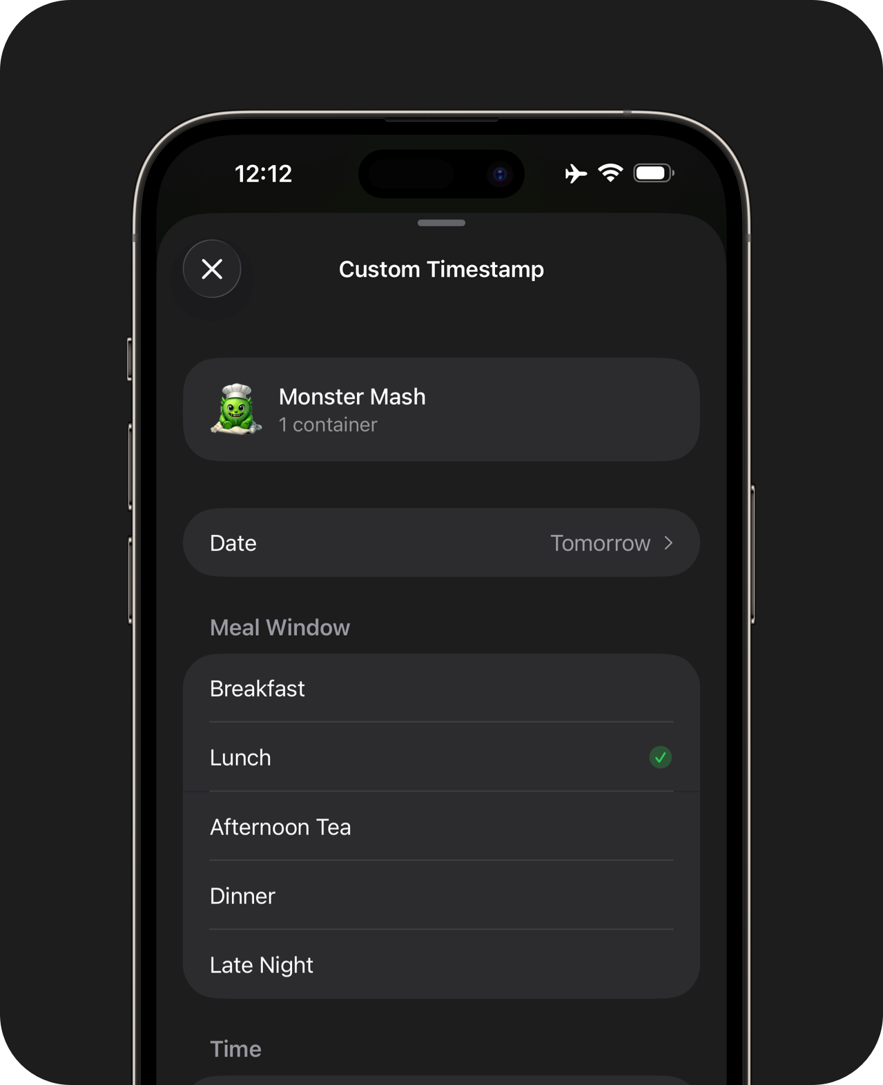 Close-up of an iPhone showing a custom timestamp selection sheet for a log entry