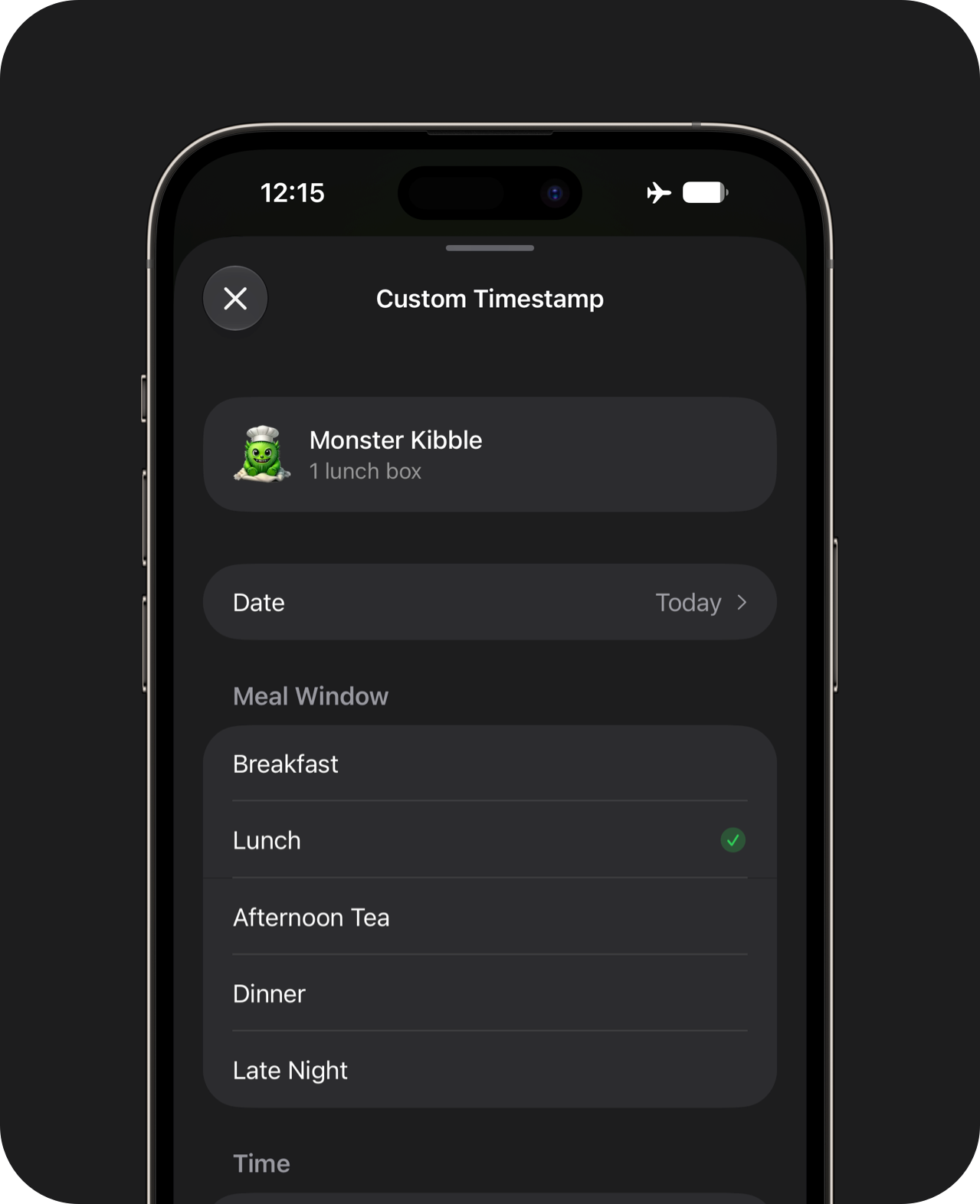 An iPhone showing a custom timestamp selection sheet for a log entry