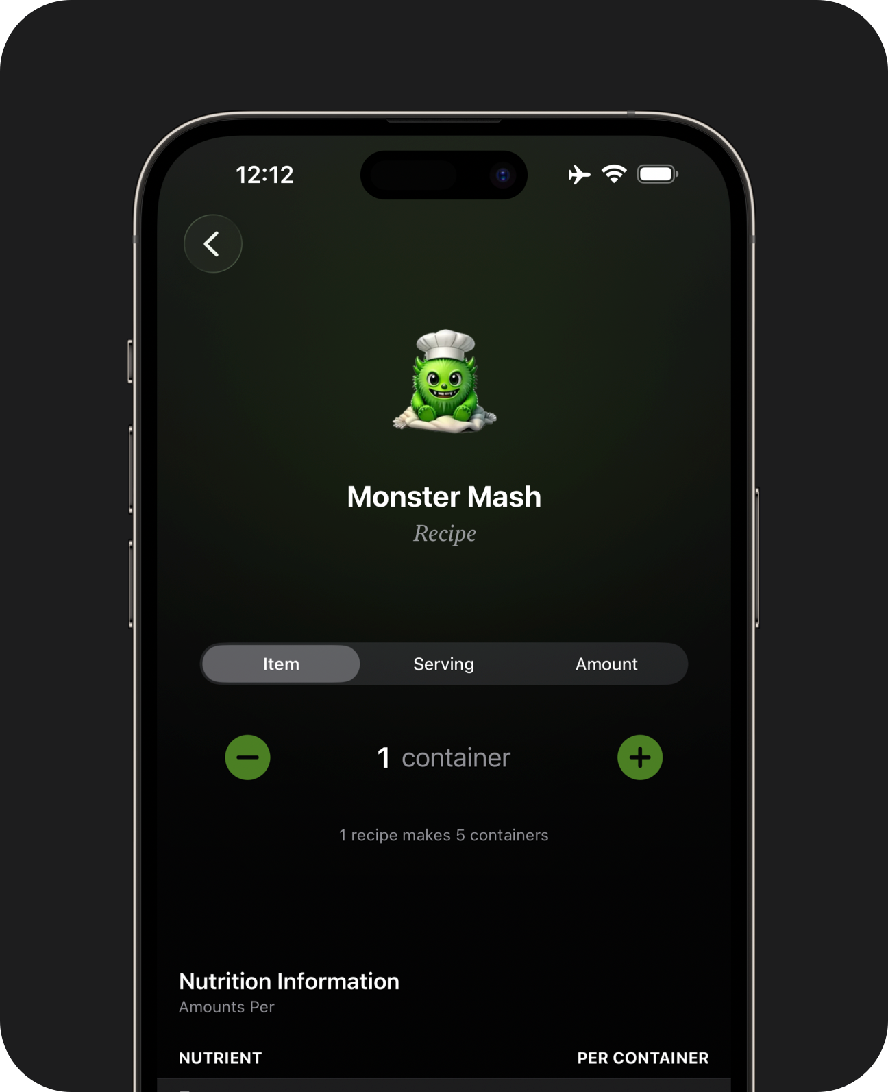 Close-up of an iPhone showing a 'Monster Mash' recipe page, accompanied by a Genmoji of a green monster