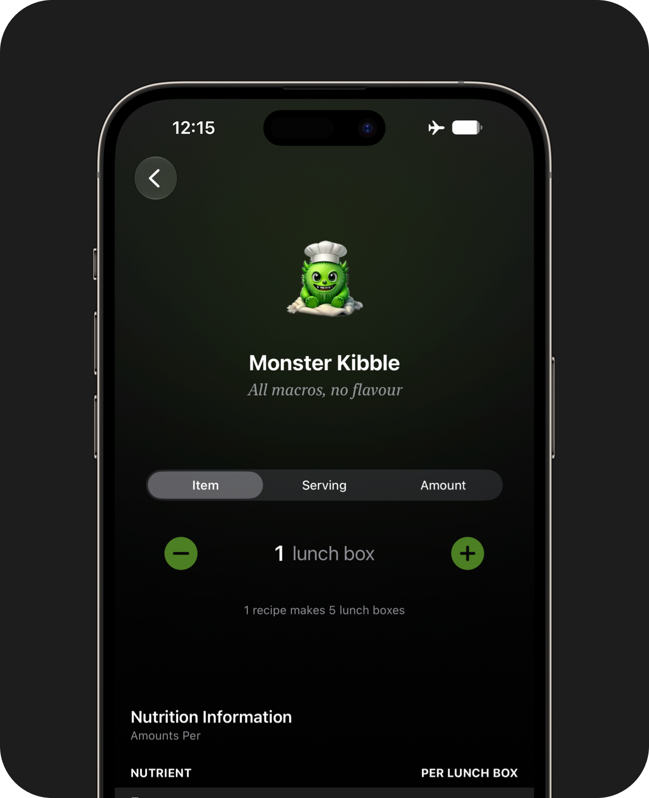 An iPhone showing a 'Monster Mash' recipe page, accompanied by a Genmoji of a green monster