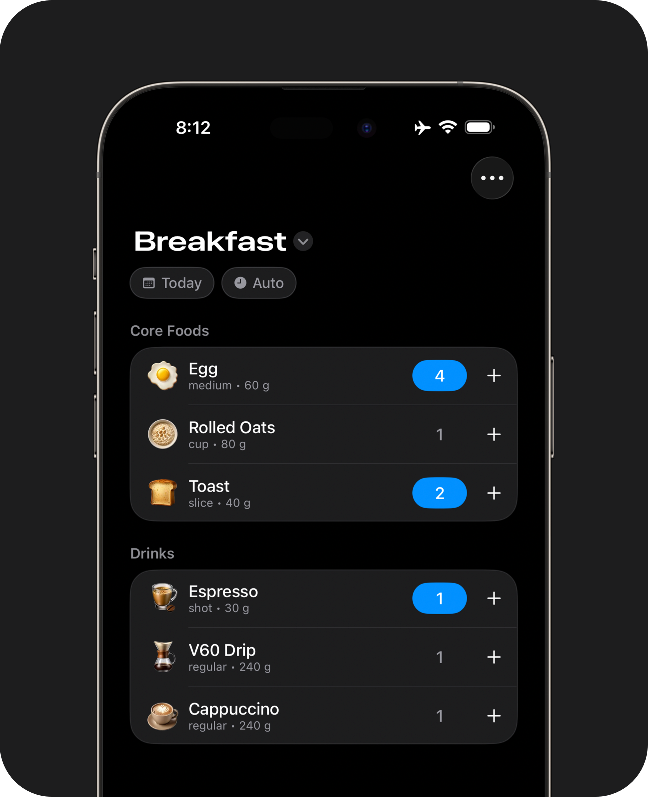 Close-up of an iPhone showing a meal page with onscreen keypad logging buttons selected for breakfast
