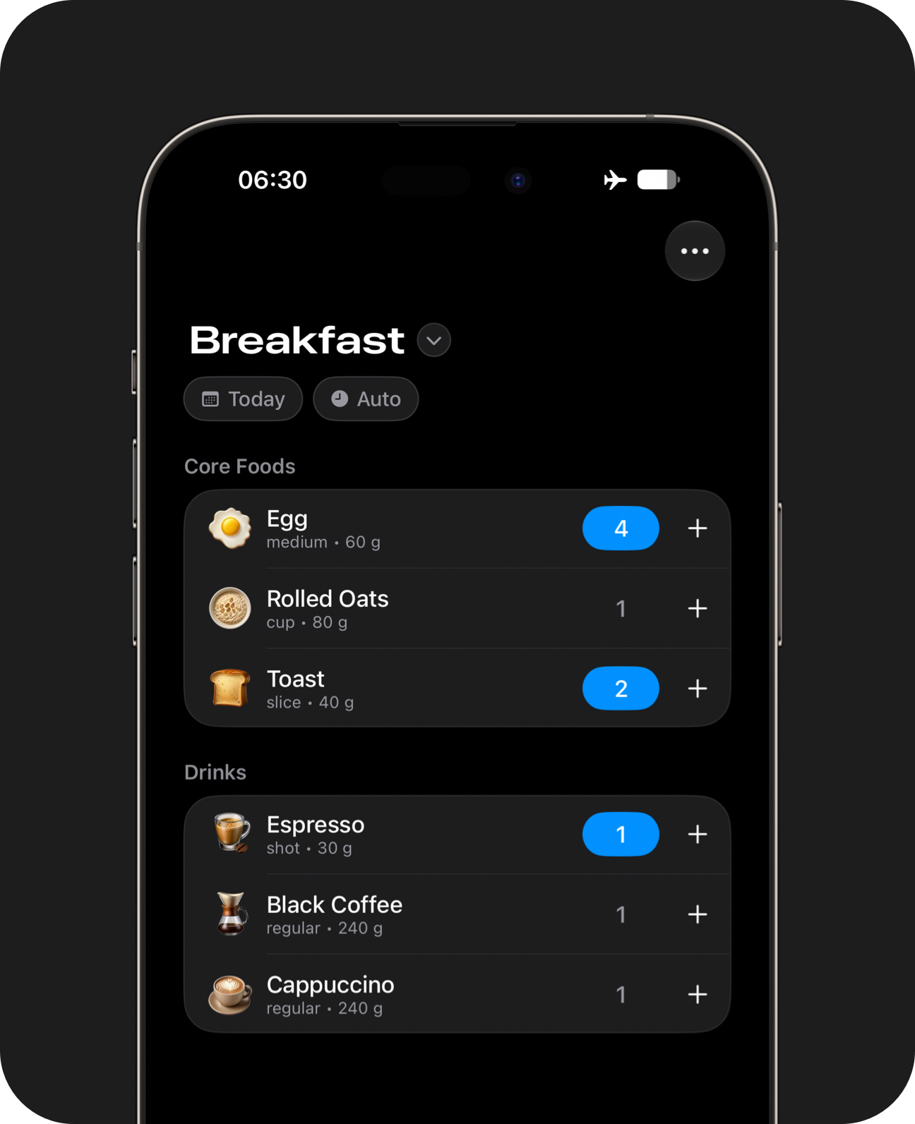 An iPhone showing a custom space with onscreen keypad logging buttons selected for breakfast