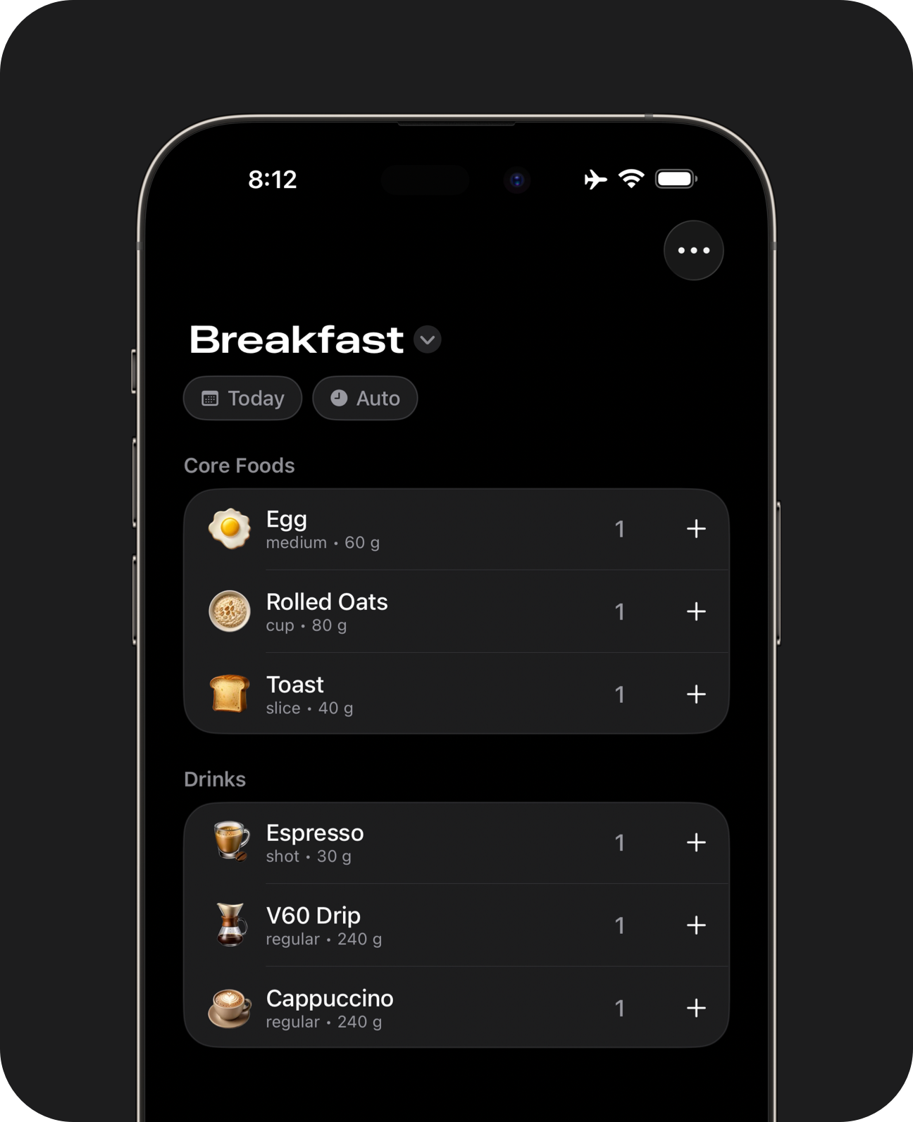 Close-up of an iPhone displaying a custom page for breakfast