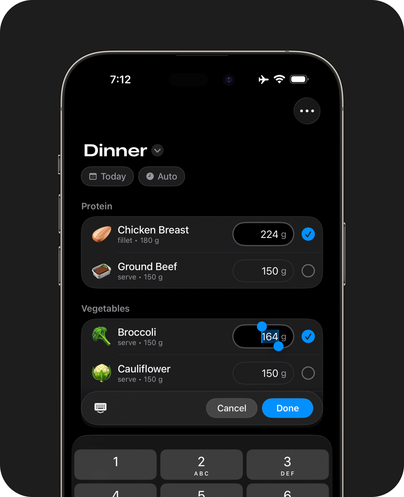 Close-up of an iPhone showing a meal page with precision weight entry buttons, with custom amounts selected for chicken breast and broccoli