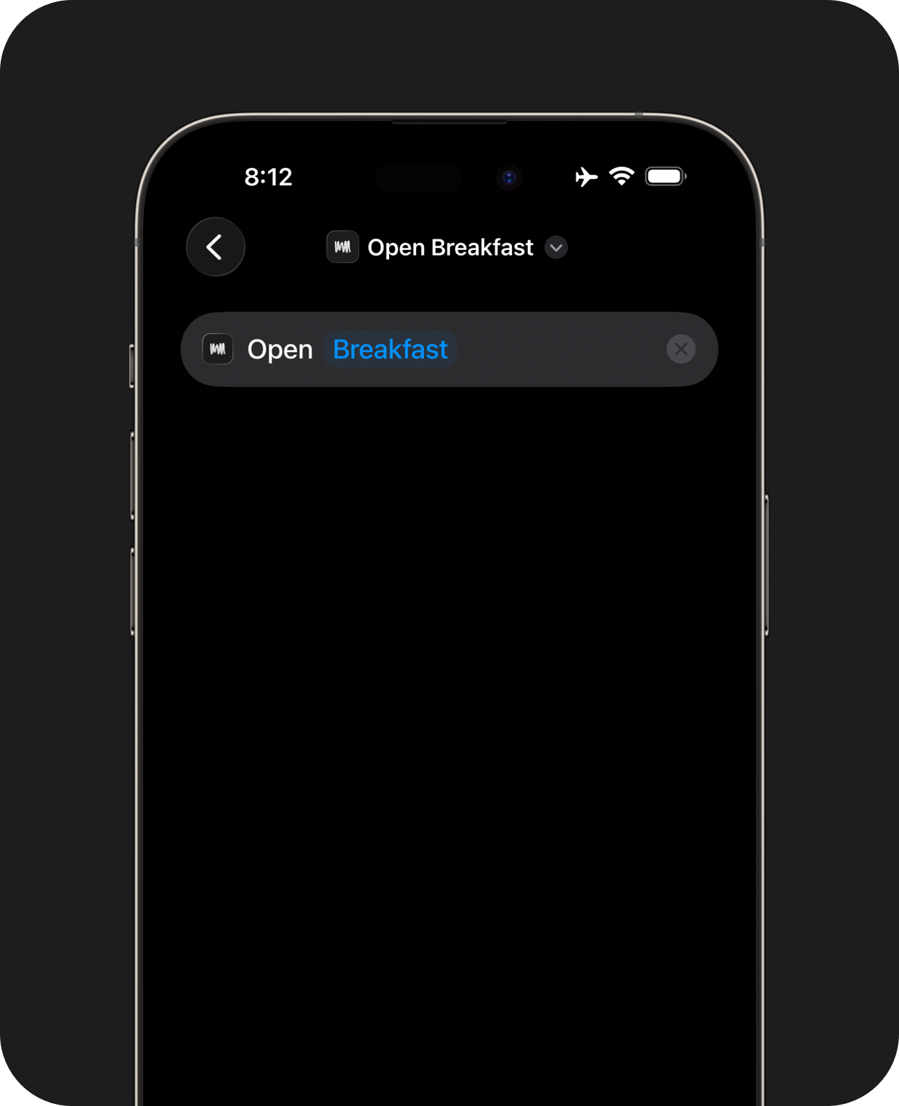 Close-up of an iPhone displaying the iOS Shortcuts app with the custom page open action configured to launch the breakfast page in the app