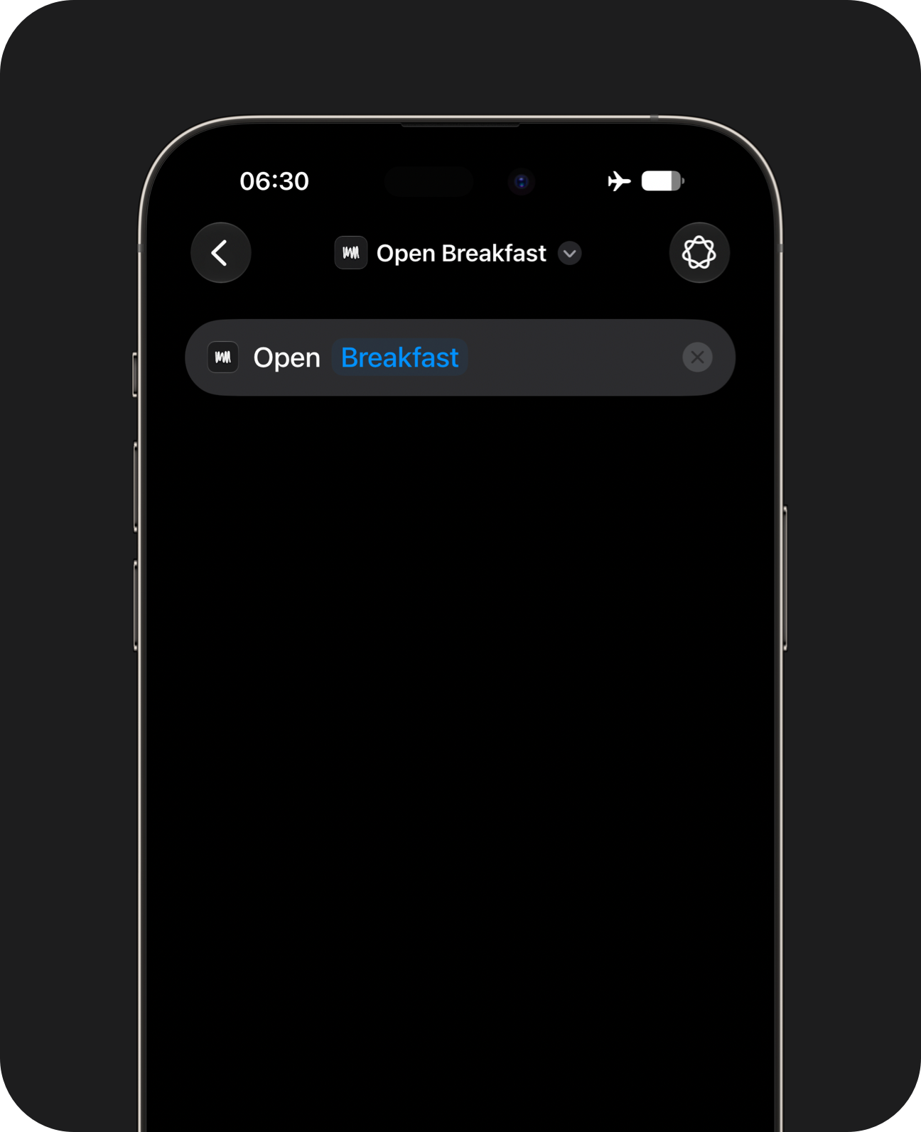 An iPhone displaying the iOS Shortcuts app with a custom space action configured to launch the breakfast screen in the app