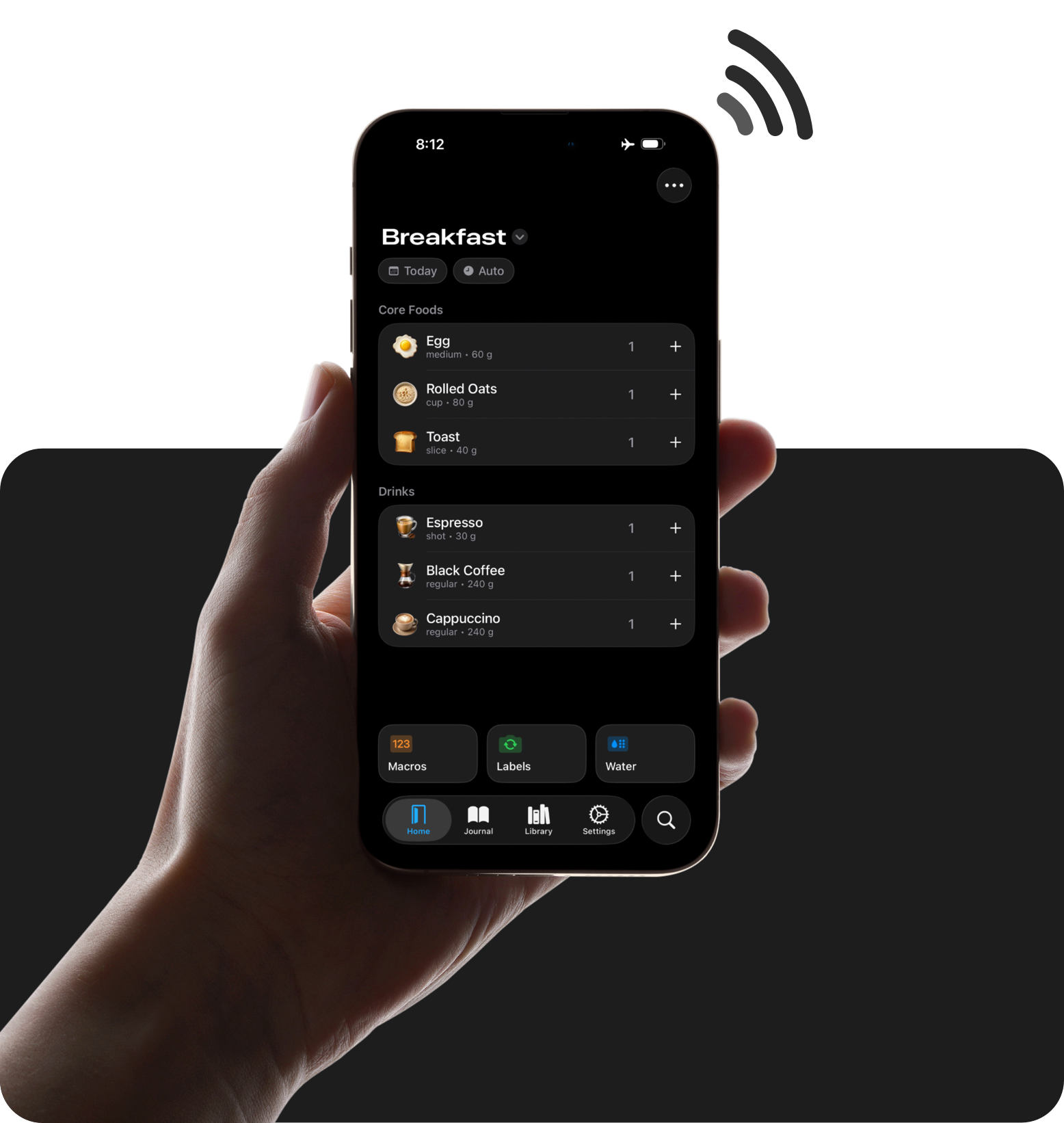 A hand holding an iPhone displaying a custom page for breakfast