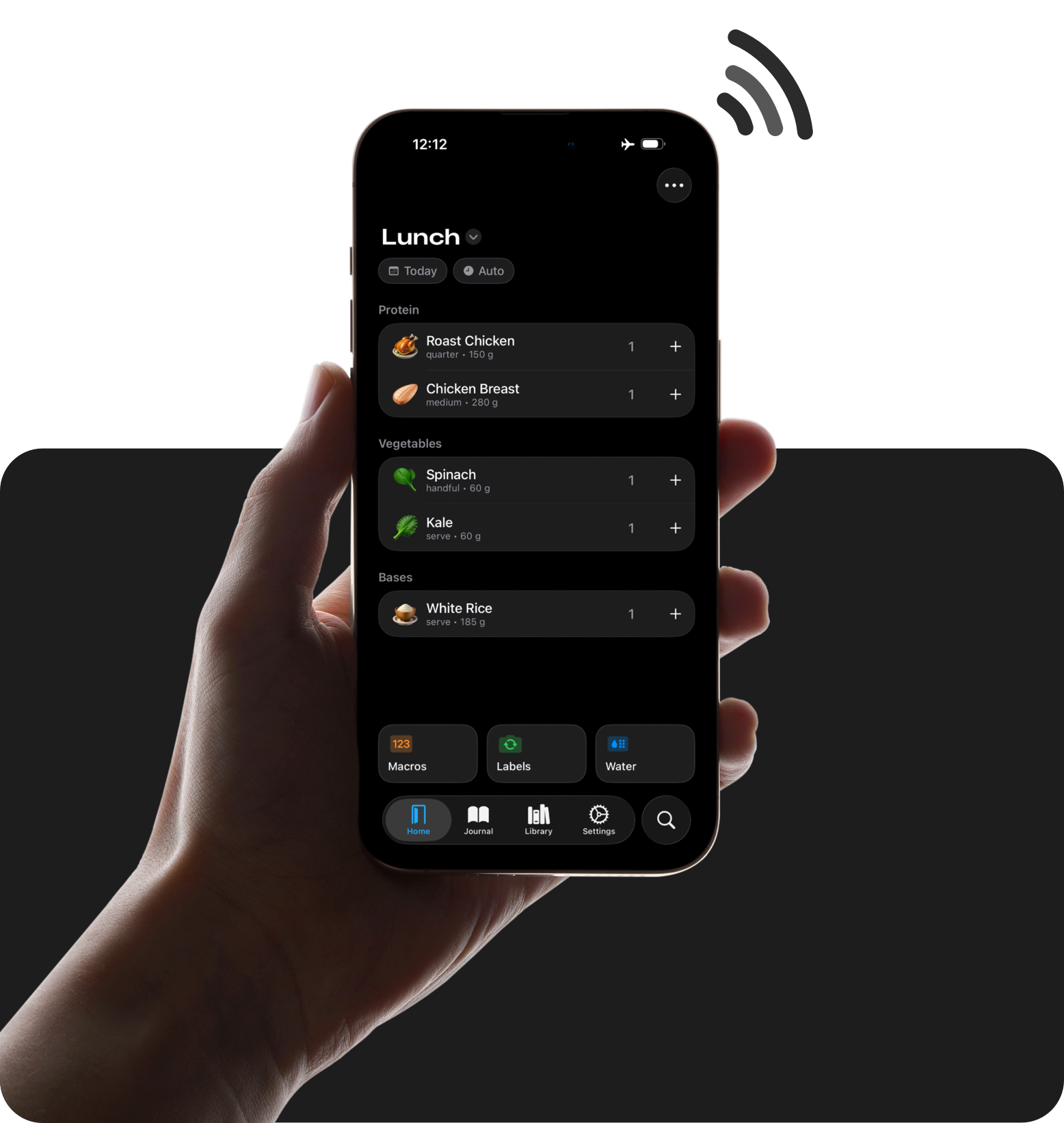 A hand holding an iPhone displaying a custom page for lunch