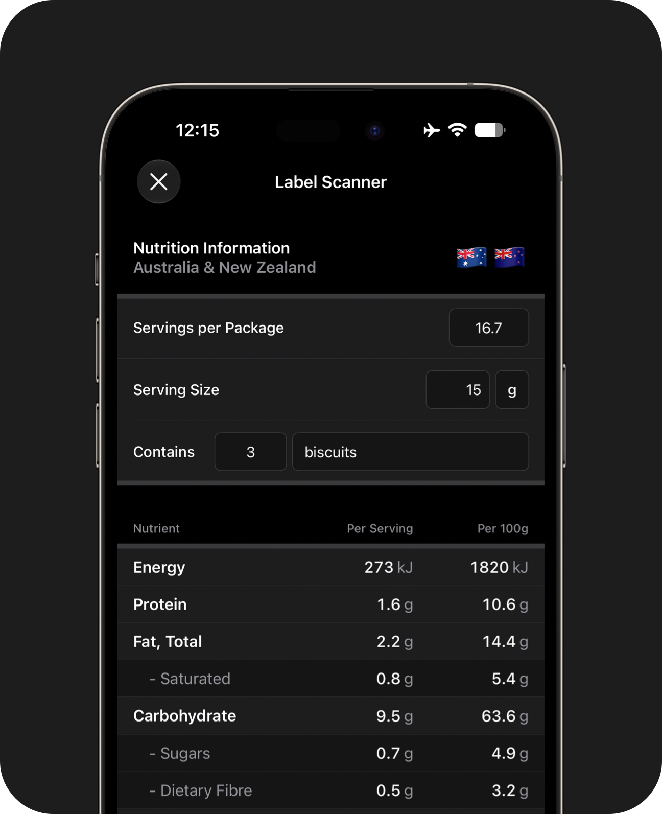 An iPhone showing scanned nutrition data displayed as an Australian nutrition information panel