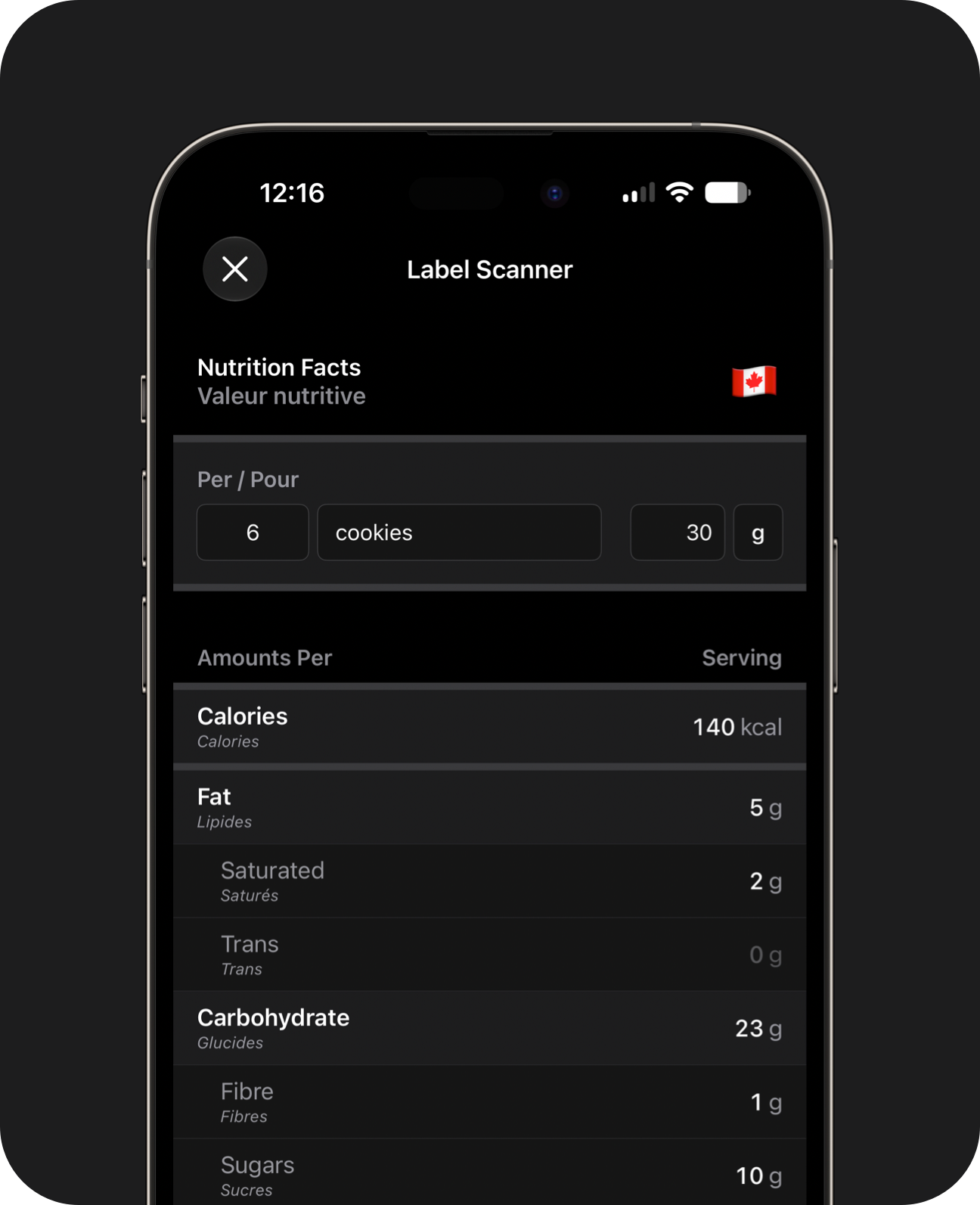 An iPhone showing scanned nutrition data displayed as a Canadian nutrition facts table