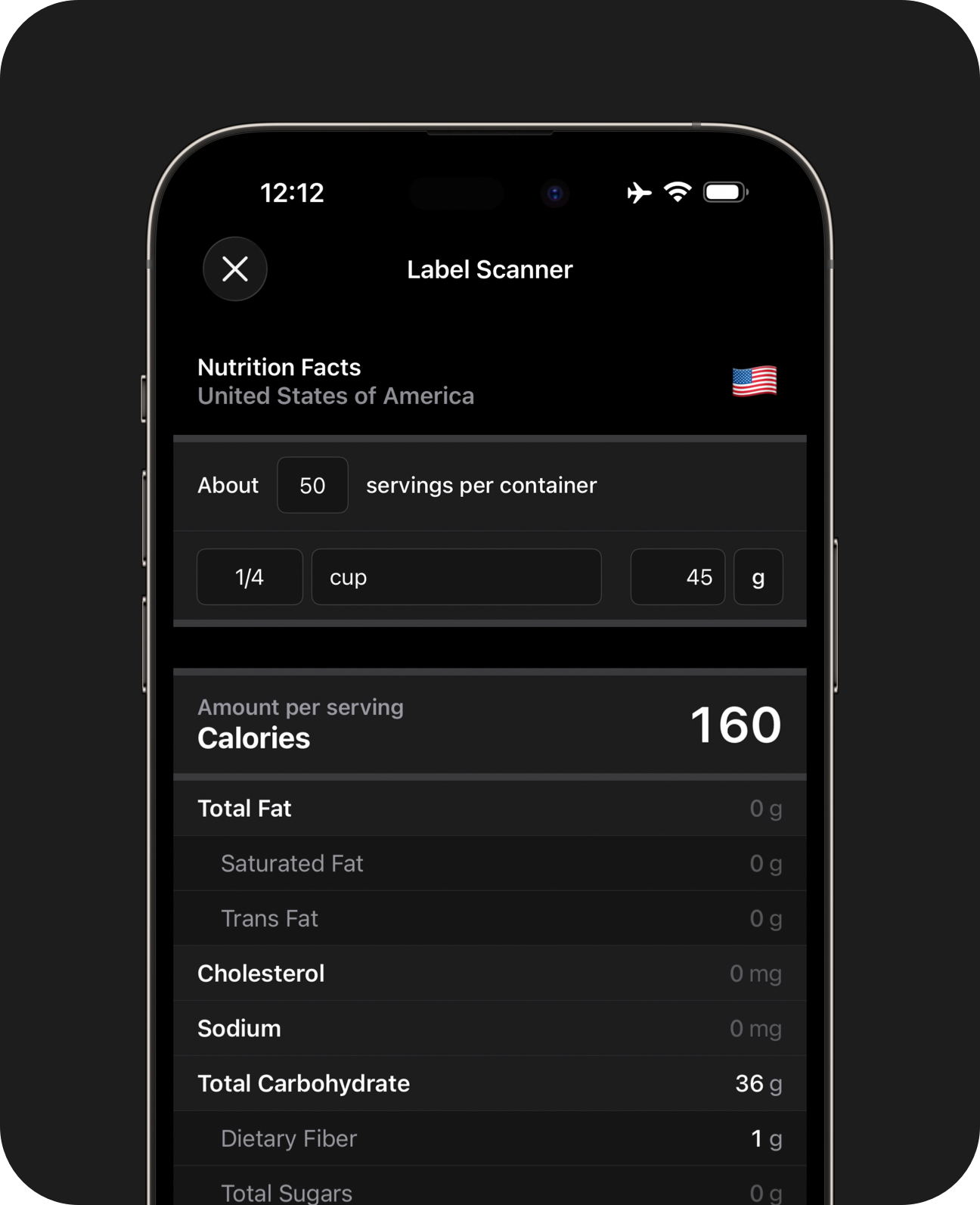 Close-up of an iPhone showing scanned nutrition data displayed as a US nutrition facts panel