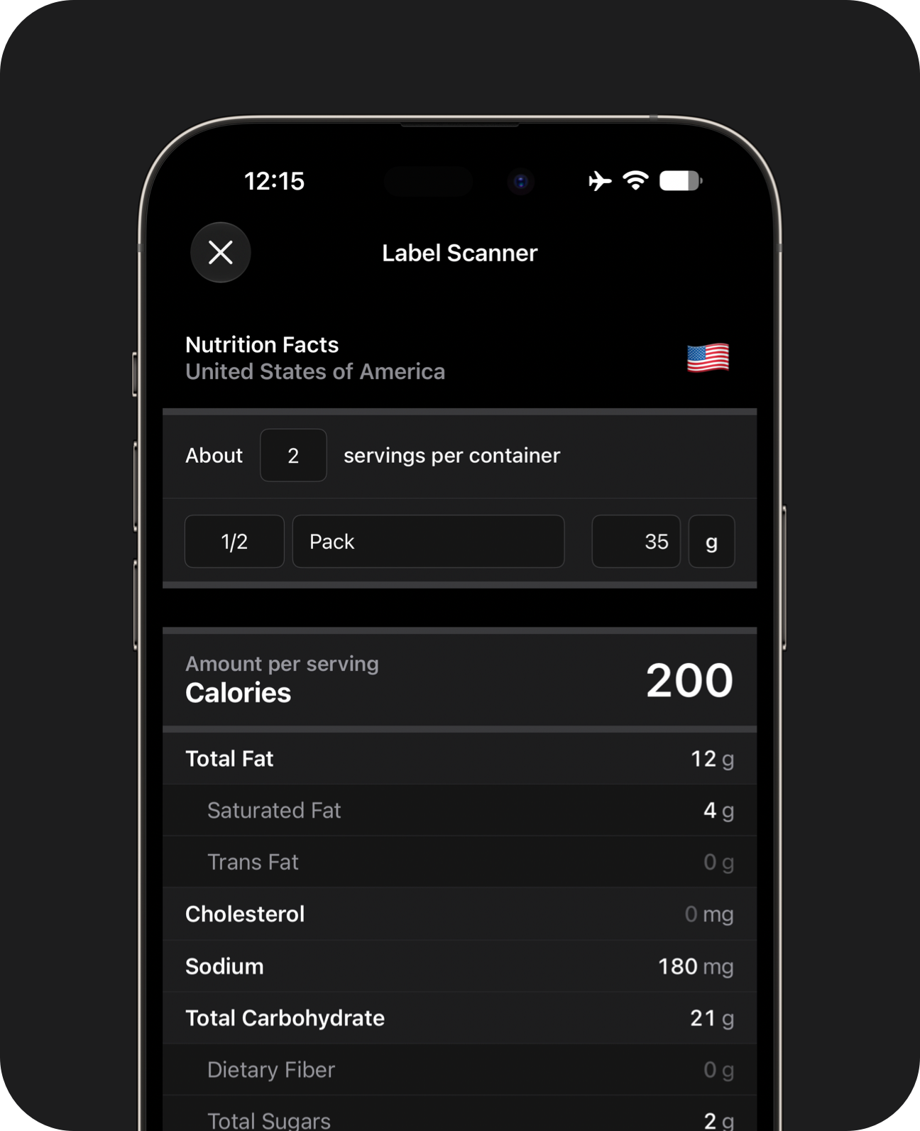 An iPhone showing scanned nutrition data displayed as a US nutrition facts panel